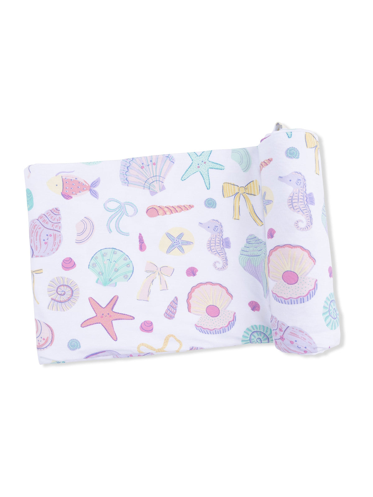 Colorful sea-themed fabric featuring shells, seahorses, and starfish on a white background.