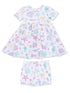 Children's dress and shorts set featuring colorful sea-themed patterns, including starfish and seashells.