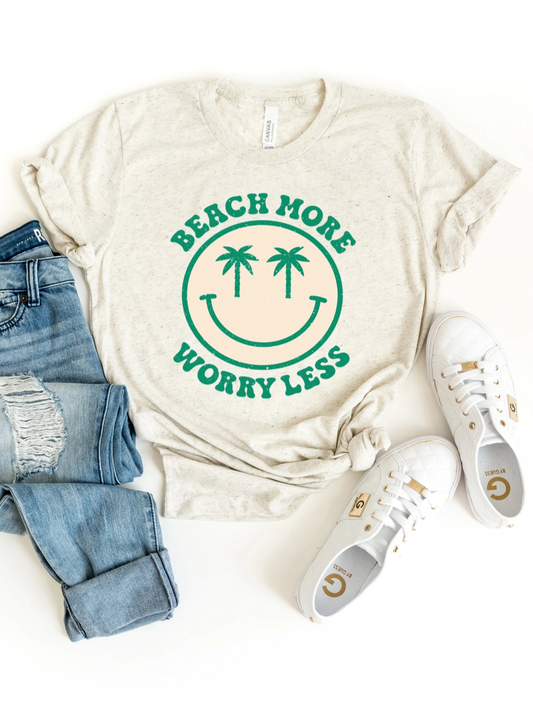 Beach More Worry Less Happy Face Adult Graphic Tee, Oatmeal