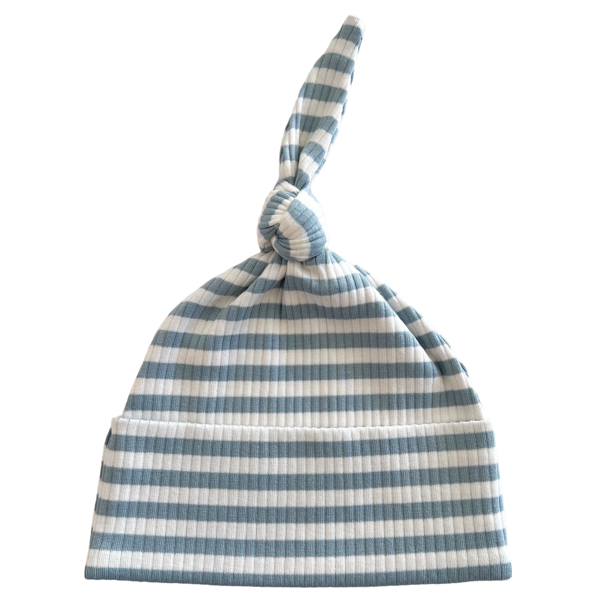 Striped baby hat with a knot on top in light blue and white colors. Perfect for infant wear.