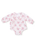 Pink floral baby onesie with long sleeves and a wrap design on a white background.