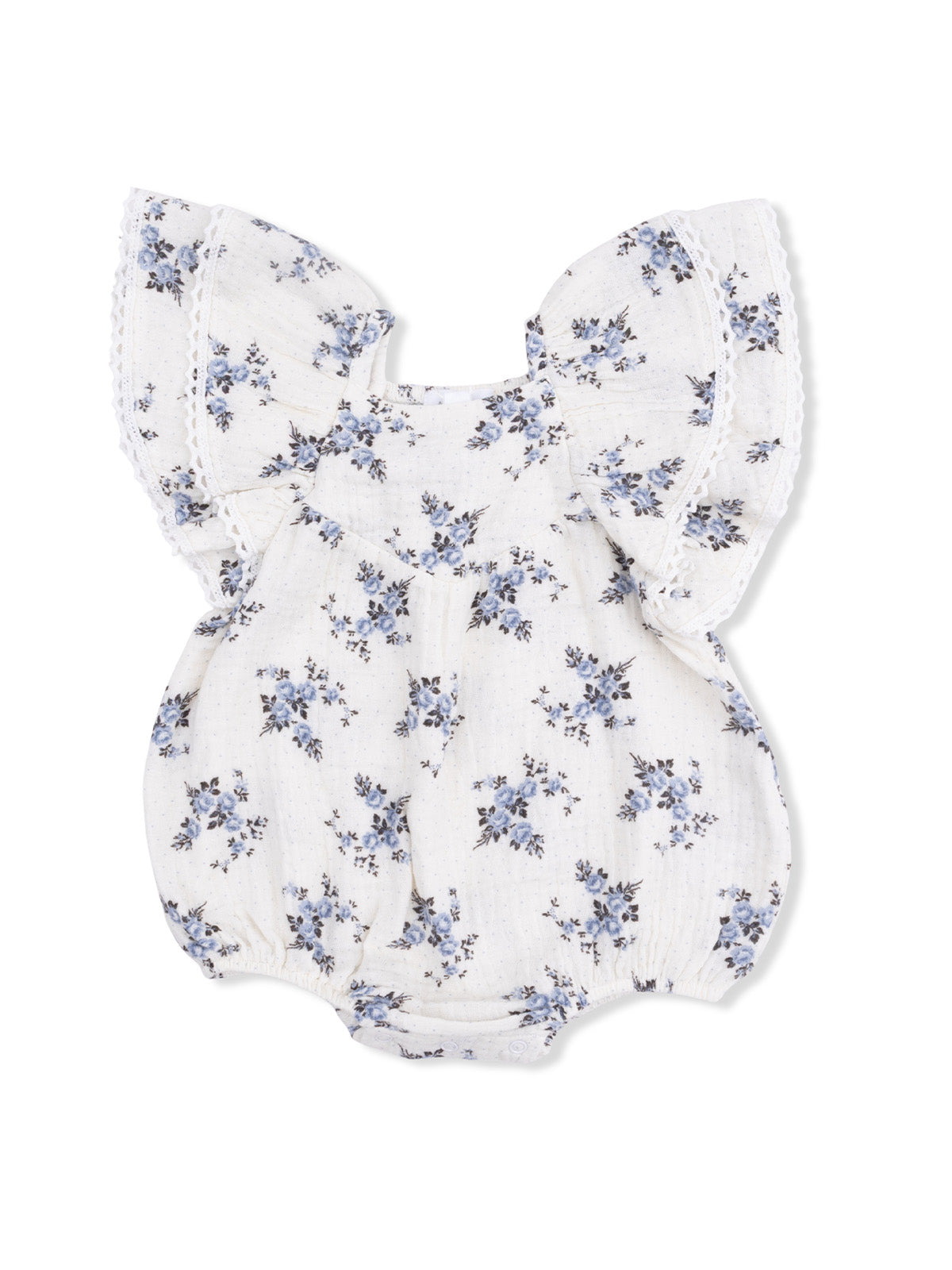 Floral baby romper with wide sleeves and gathered waist in soft white fabric with blue flowers.