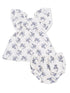 Floral baby outfit with a ruffled top and bloomer shorts in white and blue shades.