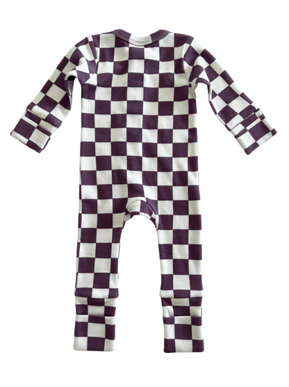 Purple and white checkered baby onesie, featuring long sleeves and a back view.
