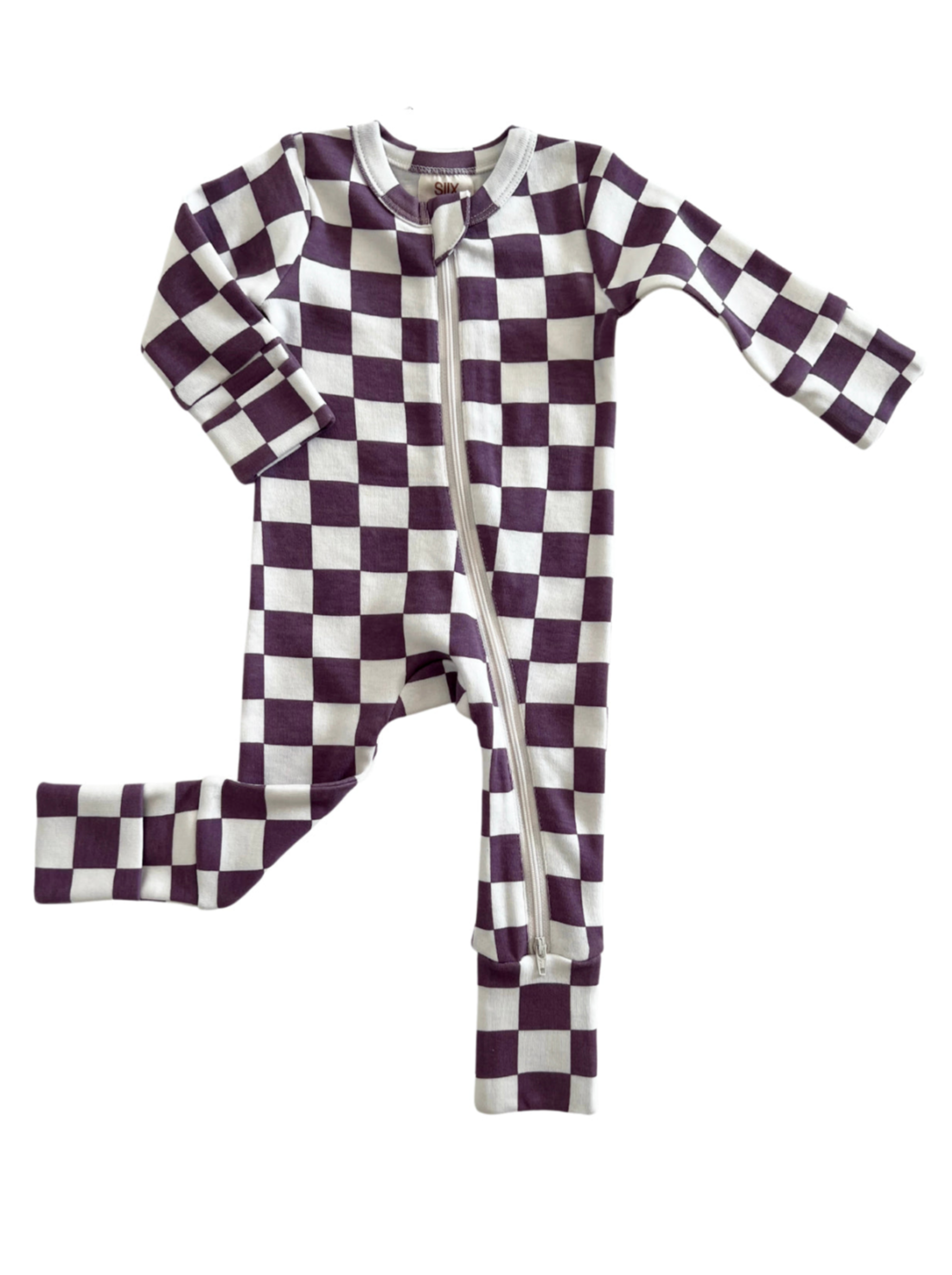 Purple and white checkered one-piece pajama with long sleeves and a front zipper.