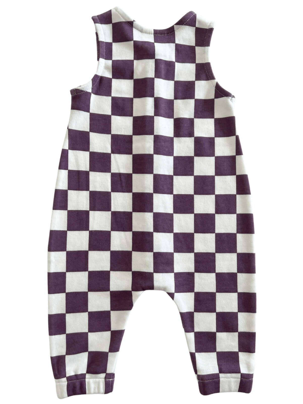Purple and white checkered romper on a white background, showing back view and soft fabric design.