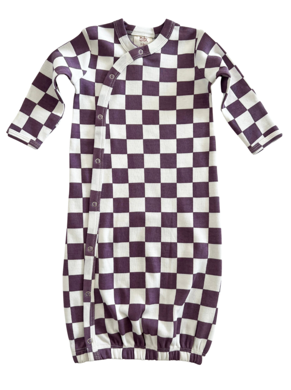 Purple and white checkered baby gown with long sleeves and snap closures.