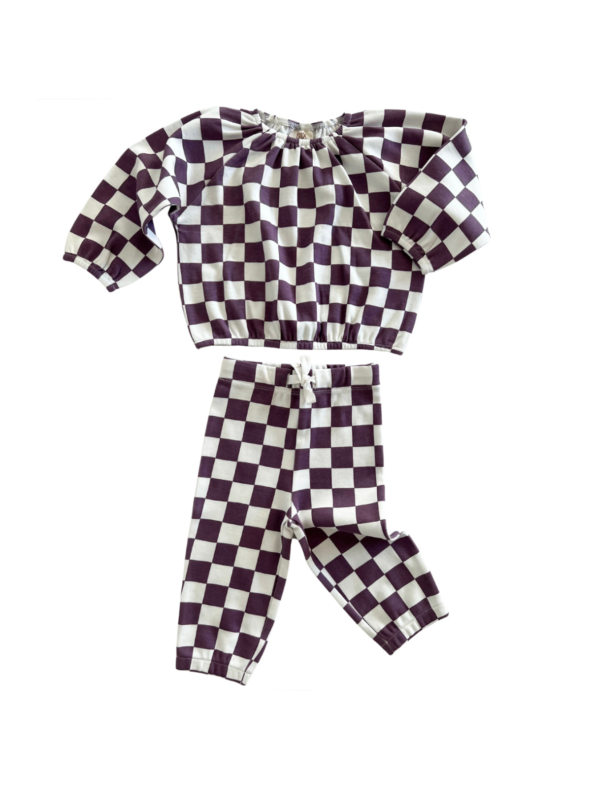 Purple and white checkered matching outfit with balloon sleeves and elastic waist.