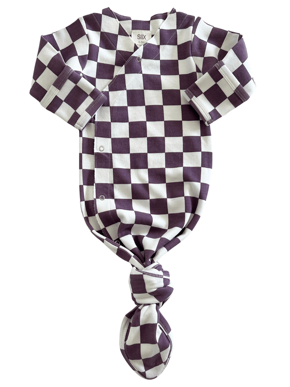 Purple and white checkered baby swaddle with long sleeves and a knotted top. Ideal for newborns.