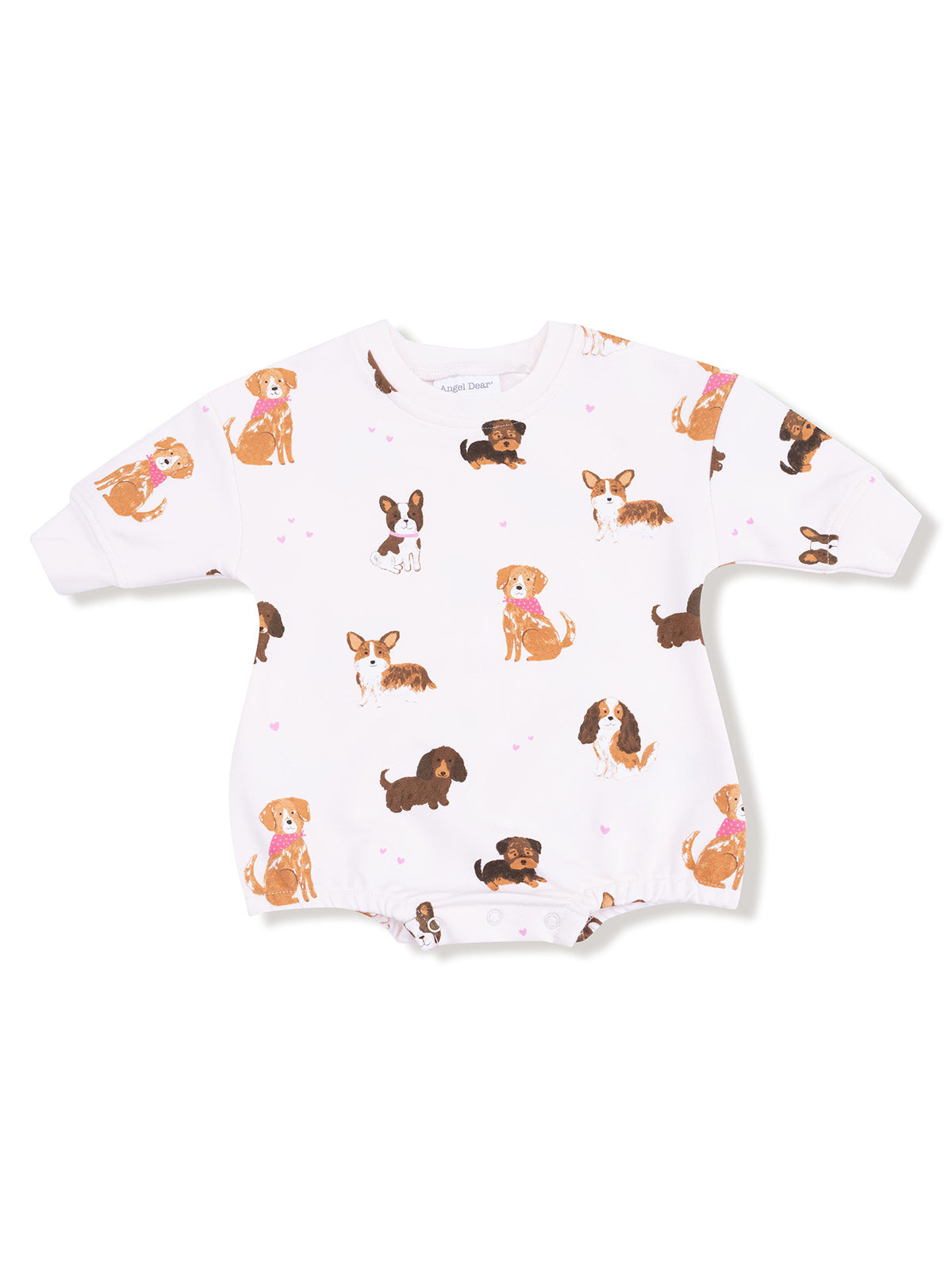 White baby onesie featuring a playful dog pattern with various breeds and hearts. Perfect for dog lovers.