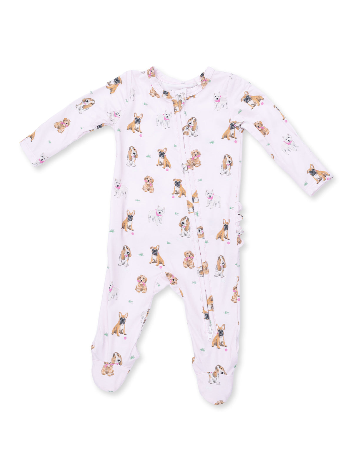 2-Way Zip Ruffle Footie, Bestie Dogs Pink