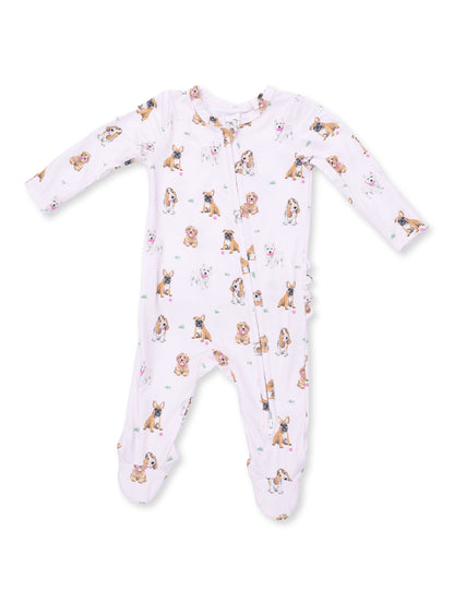 2-Way Zip Ruffle Footie, Bestie Dogs Pink