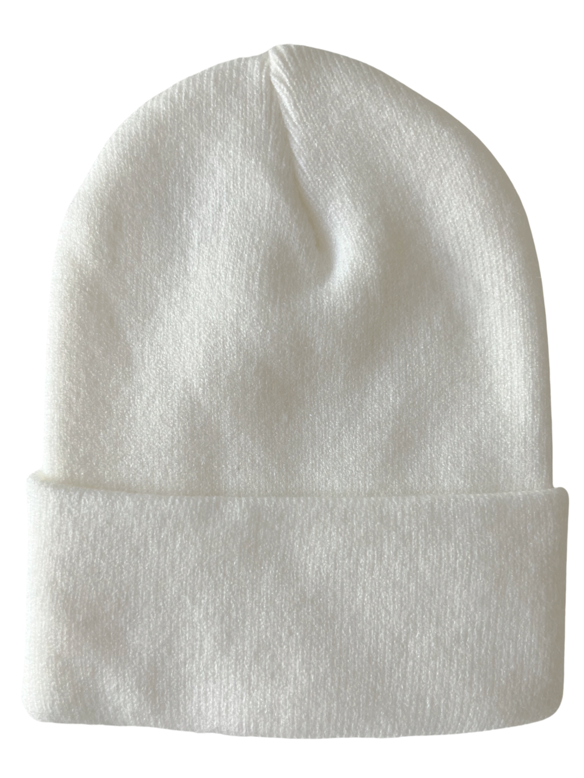 White knit beanie hat with a folded brim, ideal for cold weather and casual style.