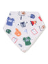 Patterned bandana featuring sports jerseys, helmets, foam fingers, and accessories in various colors.