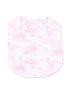 Pink baby bib with a whimsical outdoor scene printed in light pink. Soft fabric, ideal for mealtime.