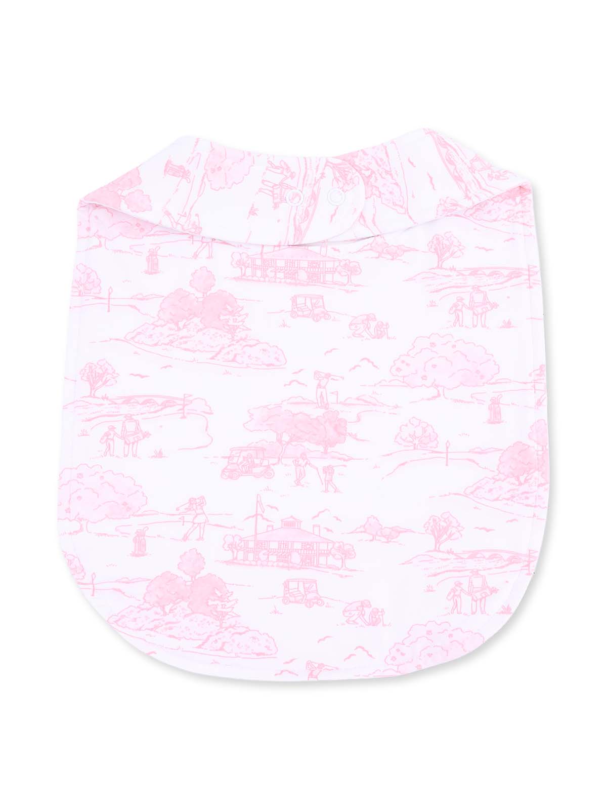 Pink patterned fabric featuring a scenic design with outdoor motifs. Ideal for apparel or home décor.