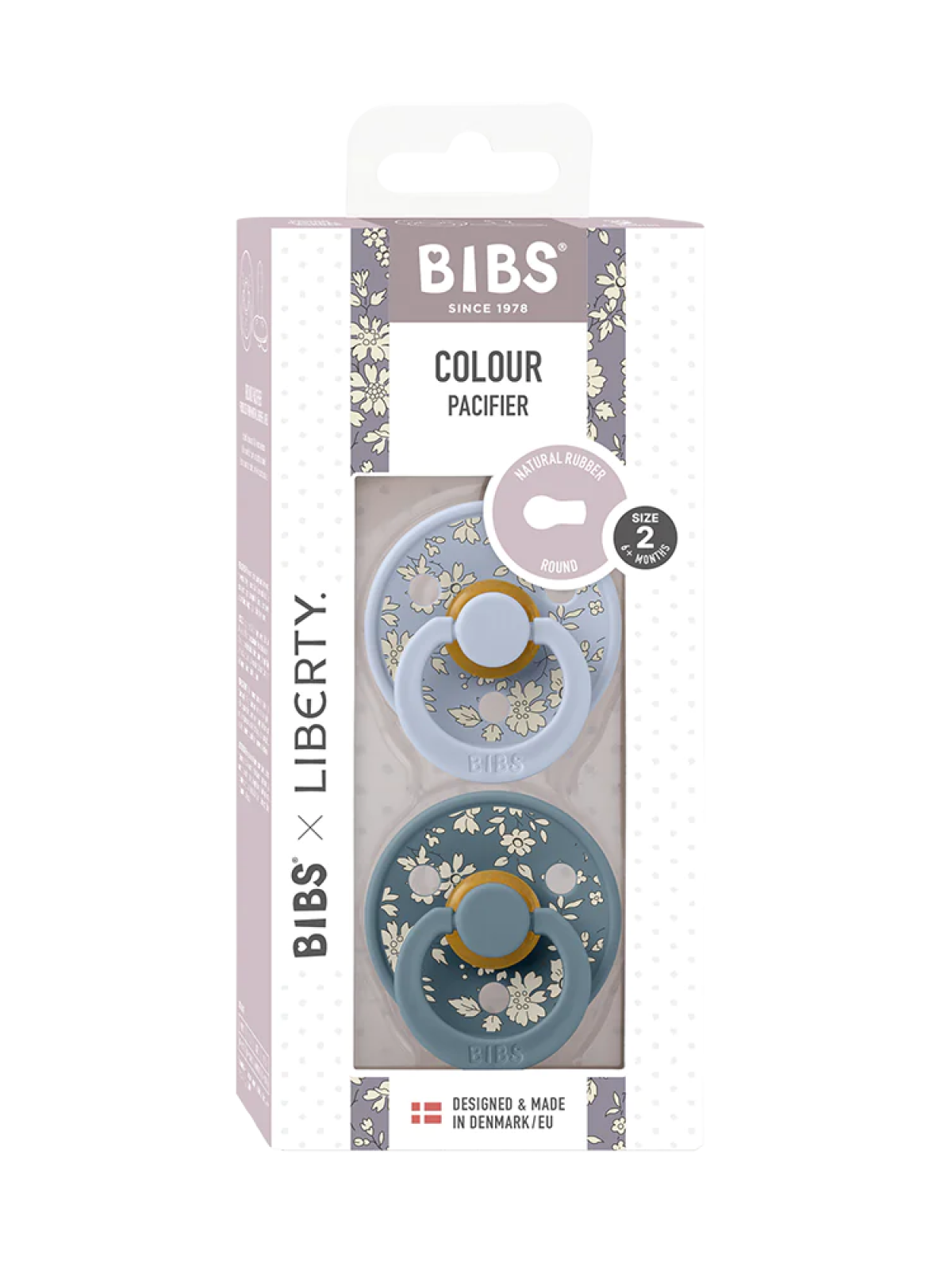 BIBS x LIBERTY Colour Round Natural Rubber Latex Pacifier 2 Pack, Capel Dusty Blue Mix