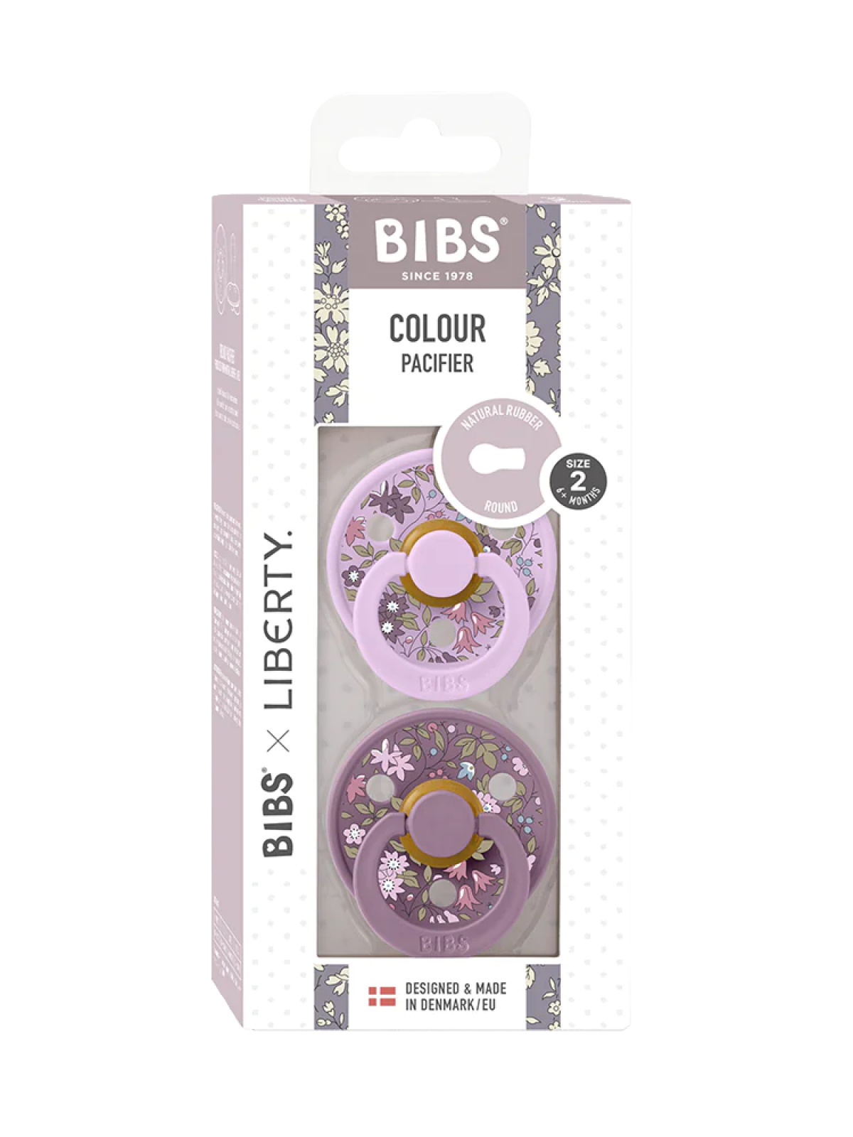 BIBS x LIBERTY Colour Round Natural Rubber Latex Pacifier 2 Pack, Chamomile Lawn Violet Sky Mix