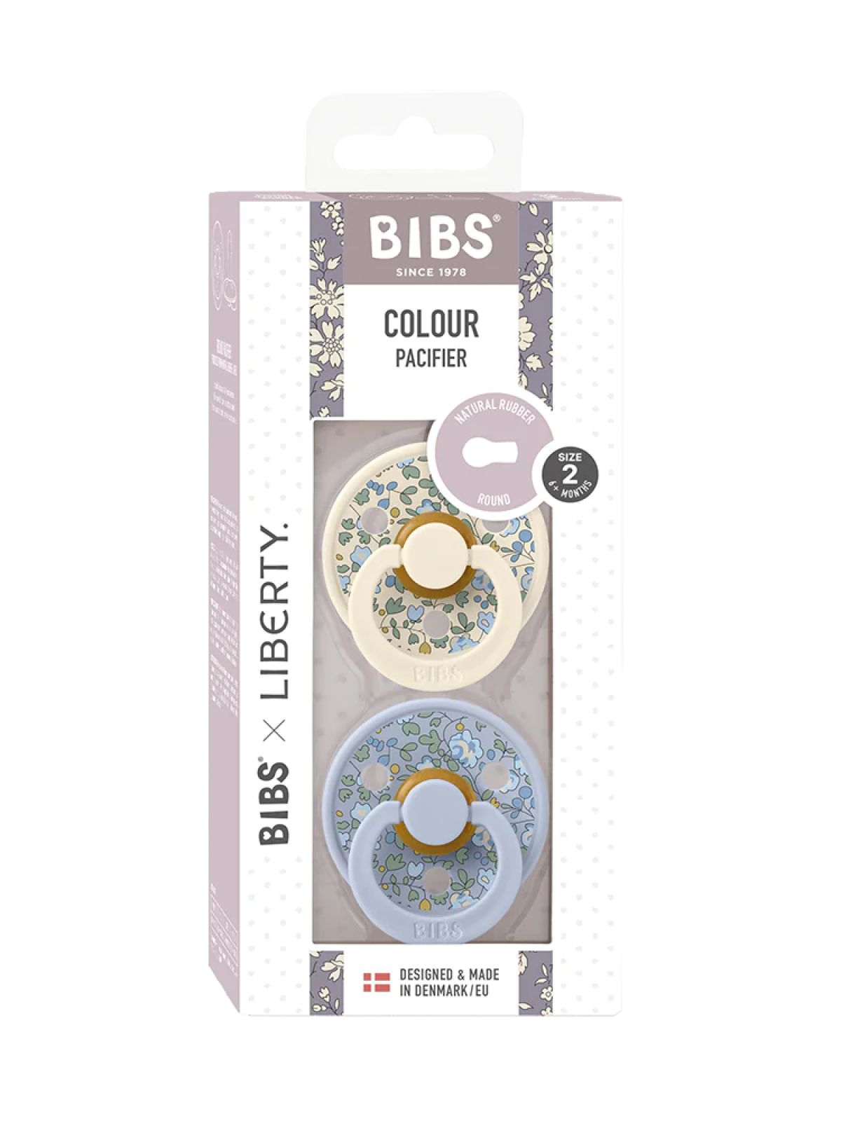 BIBS x LIBERTY Colour Round Natural Rubber Latex Pacifier 2 Pack, Eloise Dusty Blue Mix