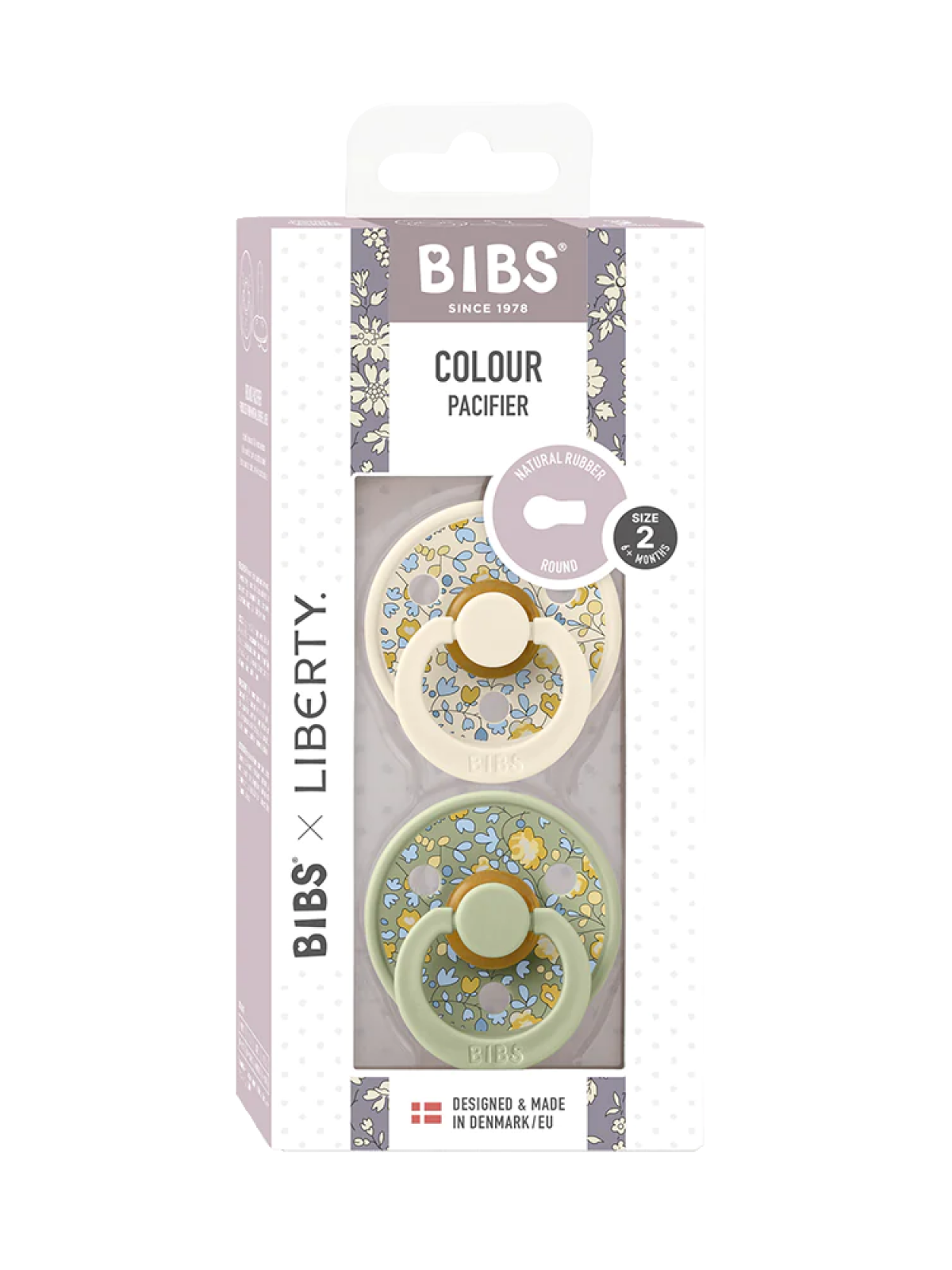 BIBS x LIBERTY Colour Round Natural Rubber Latex Pacifier 2 Pack, Eloise Sage Mix