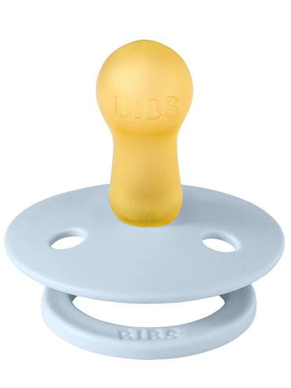 Yellow pacifier with a smooth bulb and blue silicone shield, labeled "BIBS." Ideal for soothing infants.