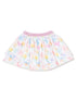 Lightweight tiered skirt with pastel floral and heart patterns, featuring a pink elastic waistband.
