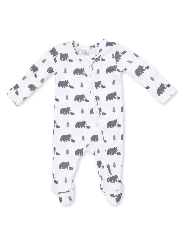 White baby onesie with gray bears and green trees print, featuring long sleeves and a front zipper.