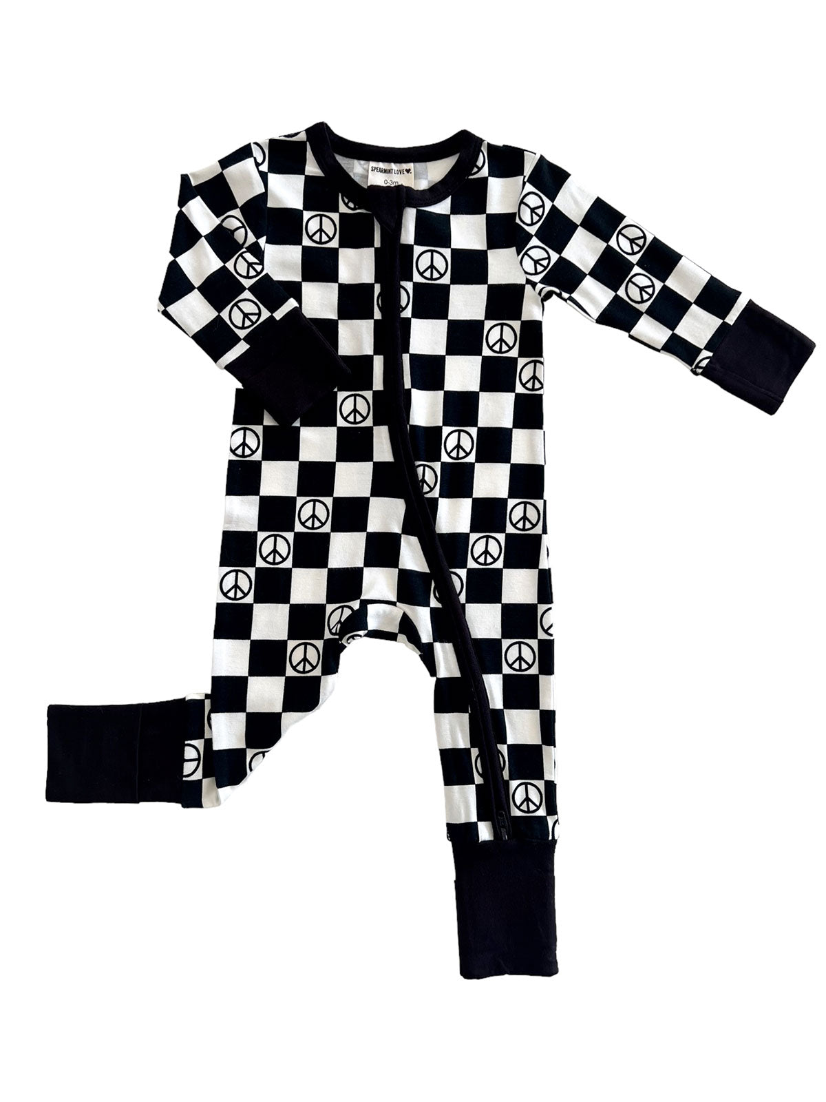 2-Way Convertible Zip Romper, Black Peace Checkerboard