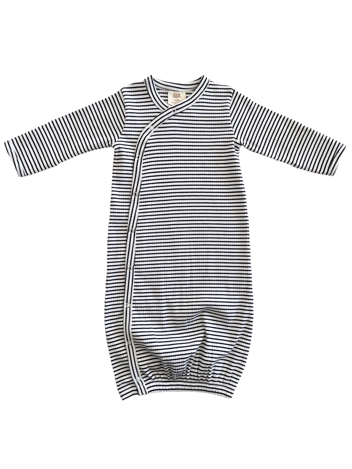 Black and white striped baby sleep gown with long sleeves and a gathered bottom. Ideal for comfort and ease.