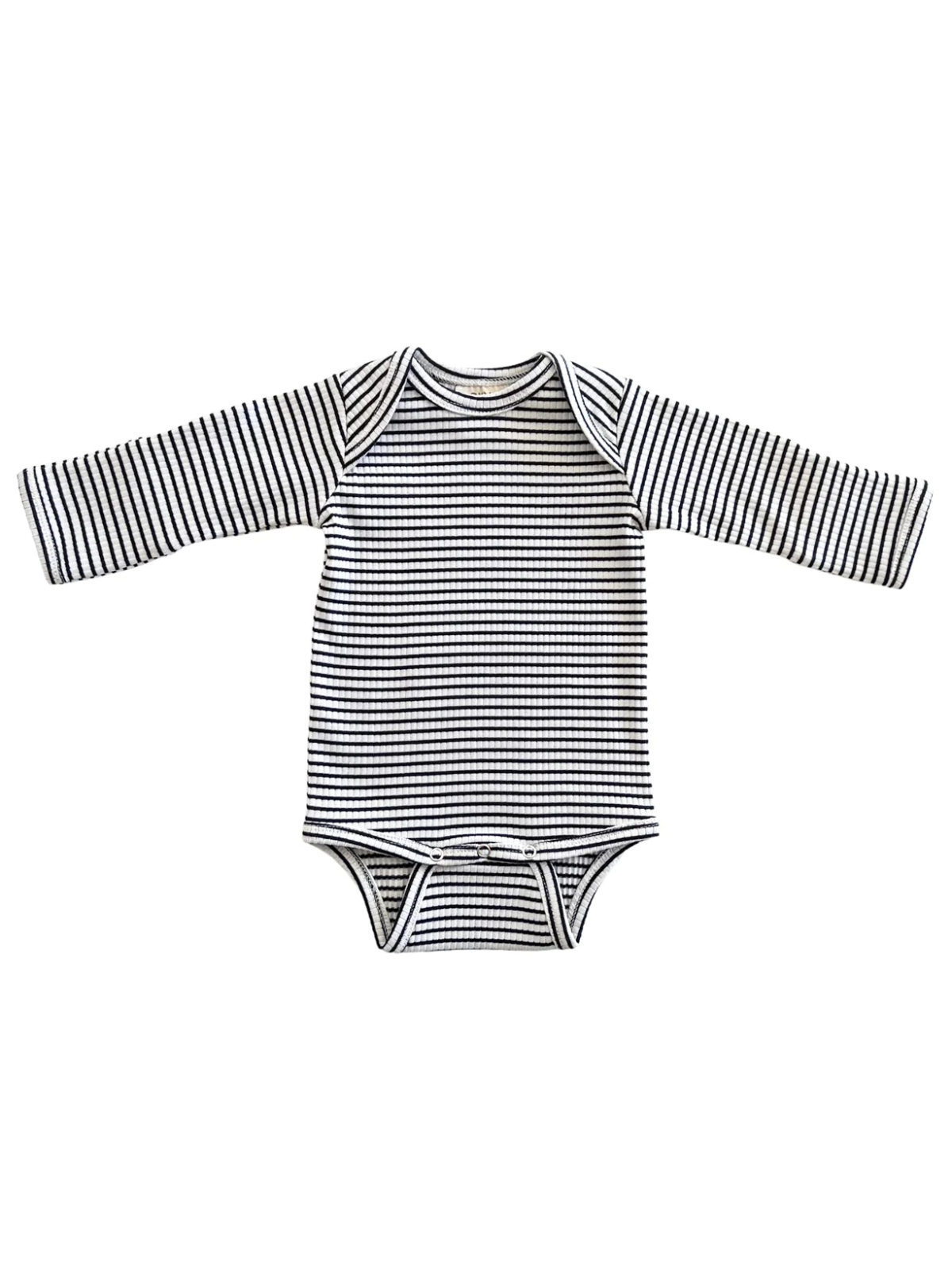 Black and white striped long-sleeve baby bodysuit on a white background.