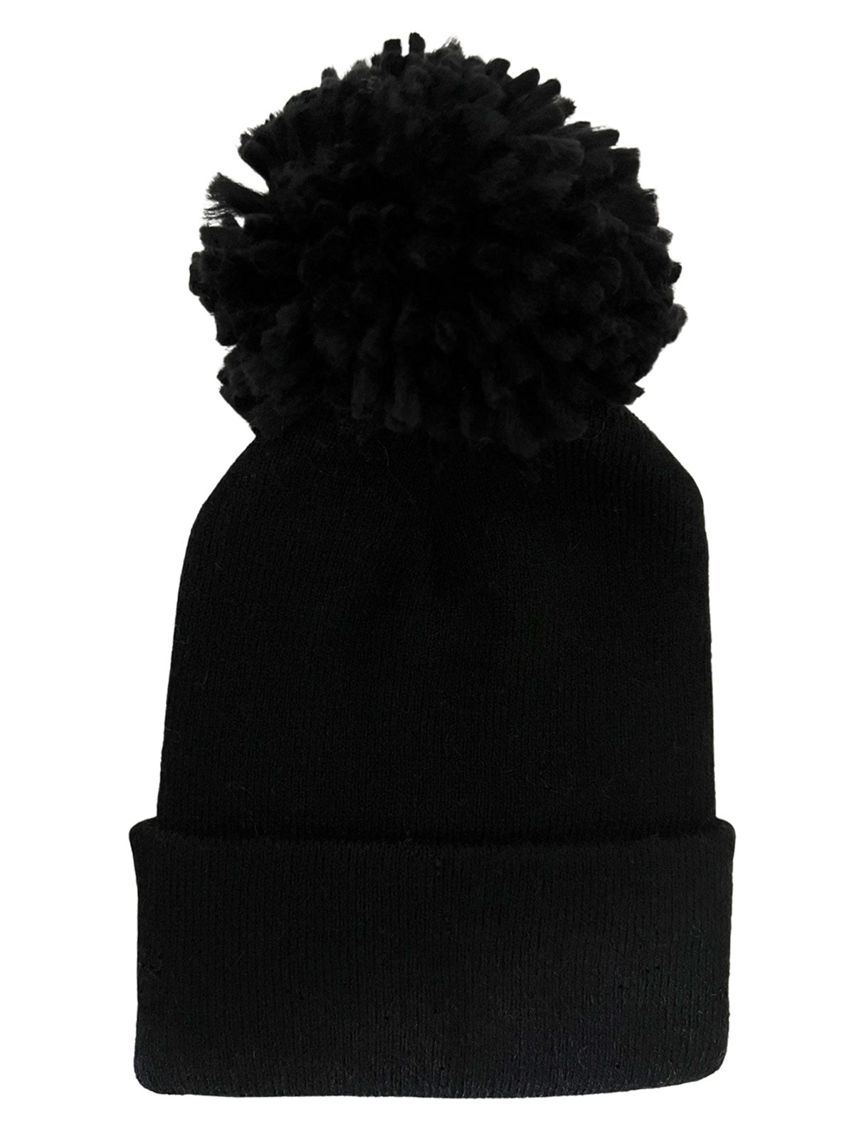 Black knit beanie with a large pom-pom on top, ideal for cold weather and stylish winter wear.