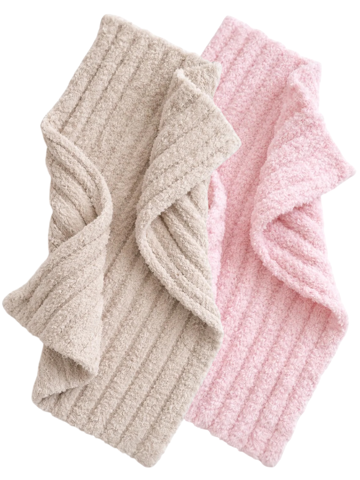 Two plush, ribbed hand towels, one in soft beige and the other in light pink, arranged in a casual overlap.