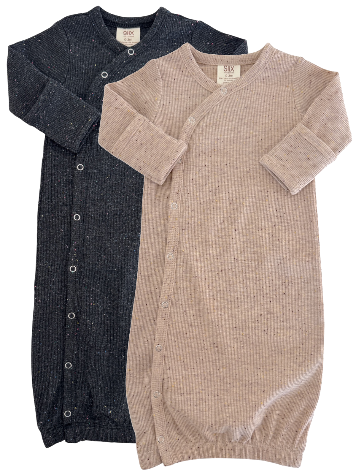 Two ribbed newborn gowns in black and beige, featuring buttons along the front for easy dressing.