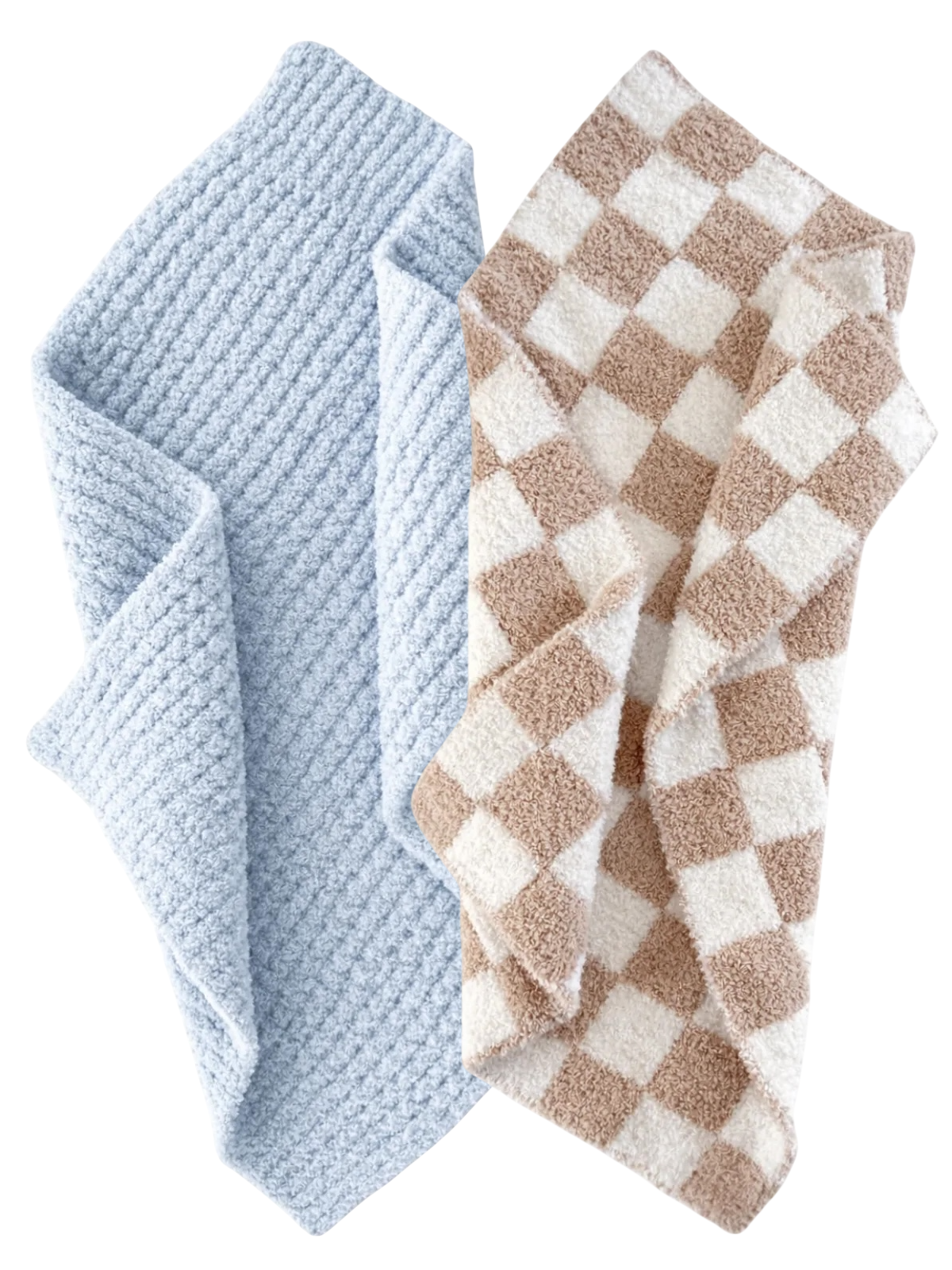 Two cozy blankets: one light blue textured and the other in a brown and cream checkered pattern.