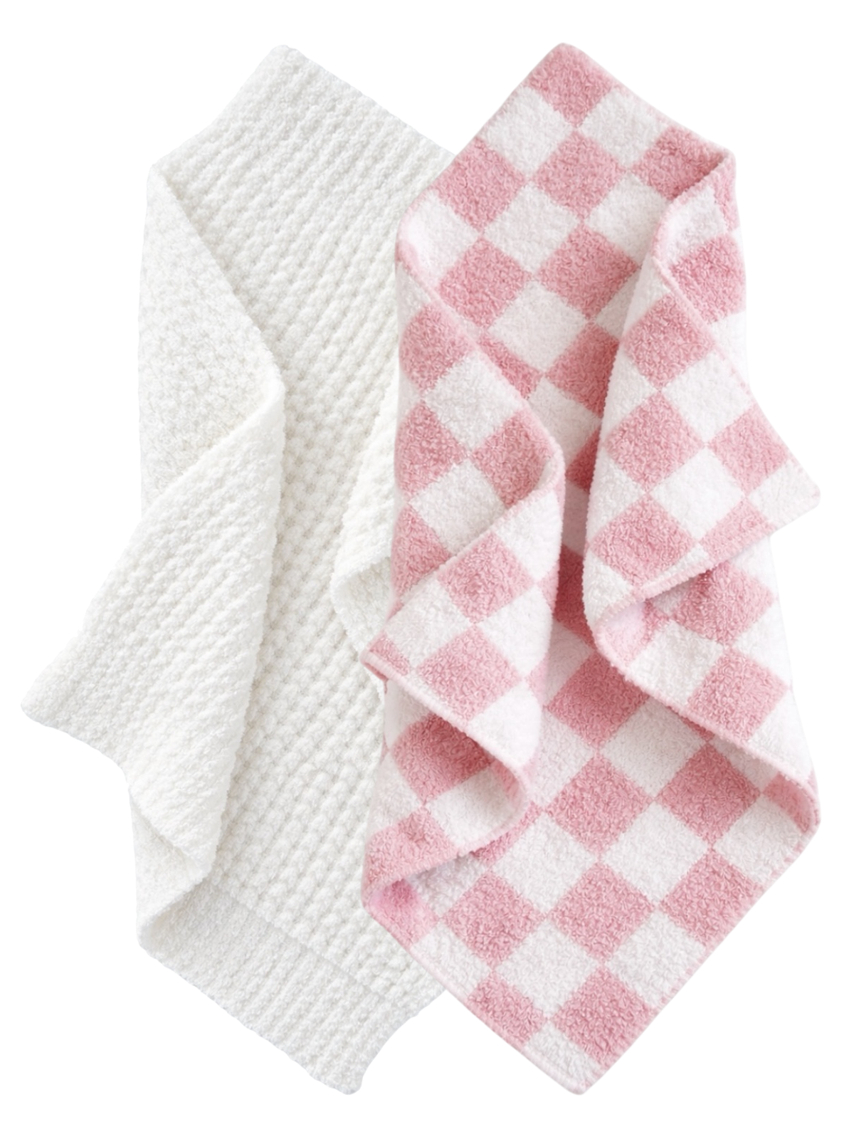 Two textured towels: one white and one pink checkered, overlapping slightly.