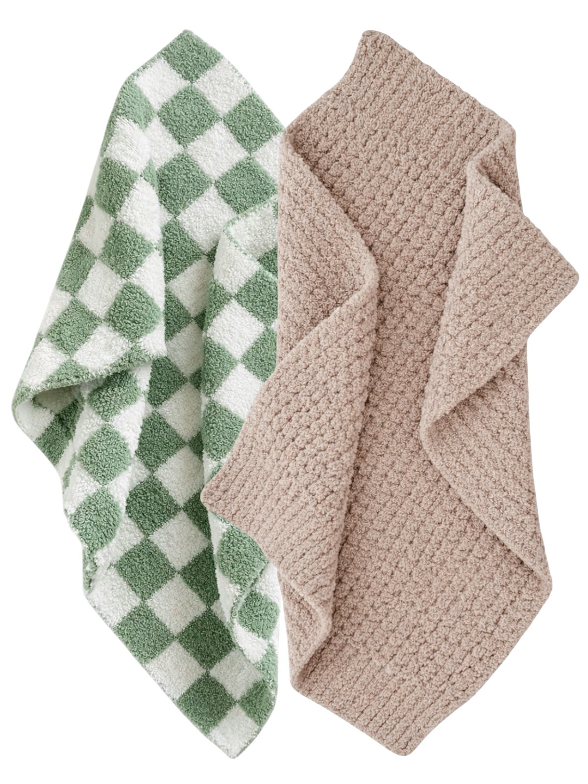 Two cozy blankets: one with a green and white checkered pattern, the other in a soft beige knit texture.