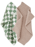 Two cozy blankets: one with a green and white checkered pattern, the other in a soft beige knit texture.
