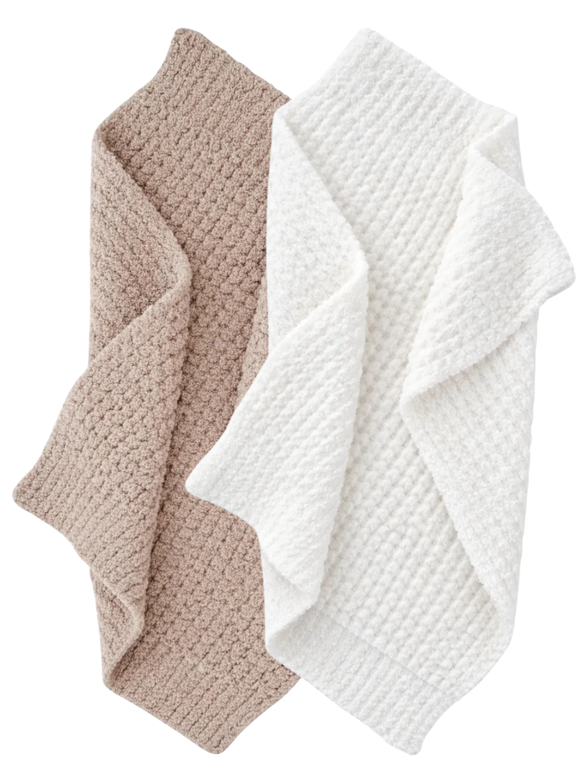 Two cozy blankets in beige and white, overlapping to show their textured fabric.