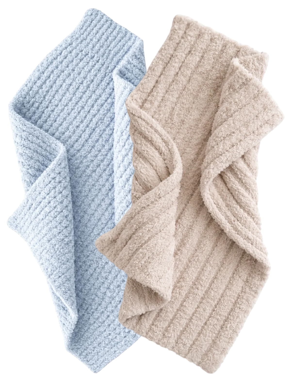 Two soft blankets, one light blue with a textured weave and one beige with a ribbed pattern, arranged together.
