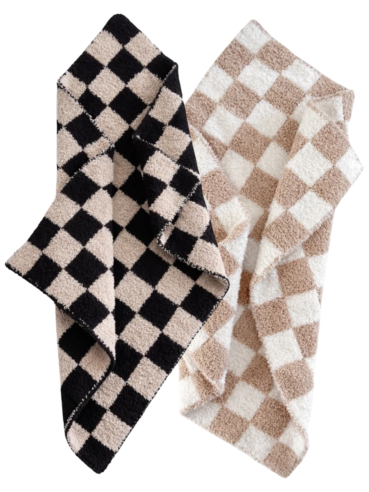 Two checkered throw blankets, one in black and beige, the other in white and tan, displayed overlapping.