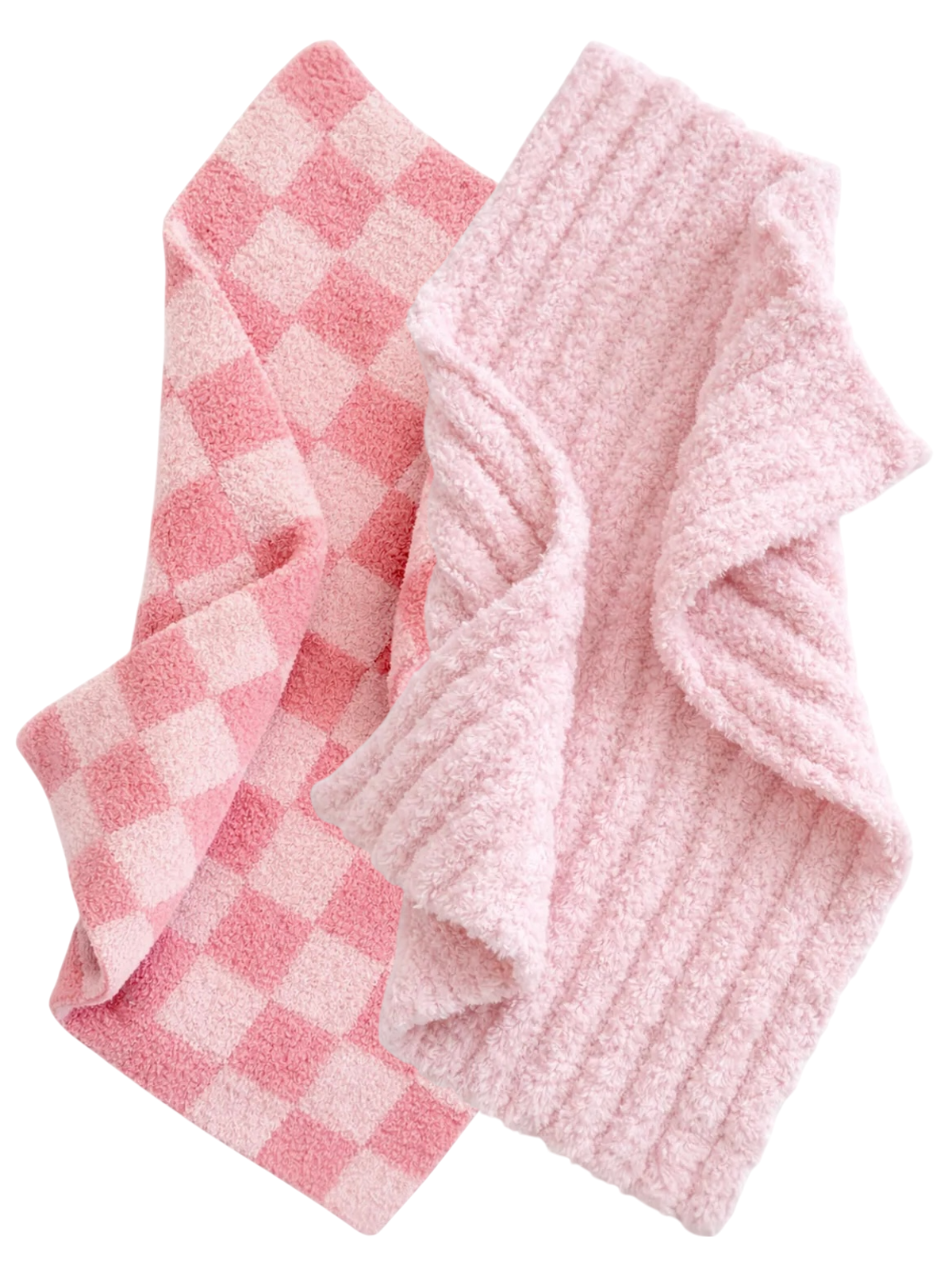 Two soft pink towels, one in a checkered pattern and the other with a ribbed texture, arranged together.