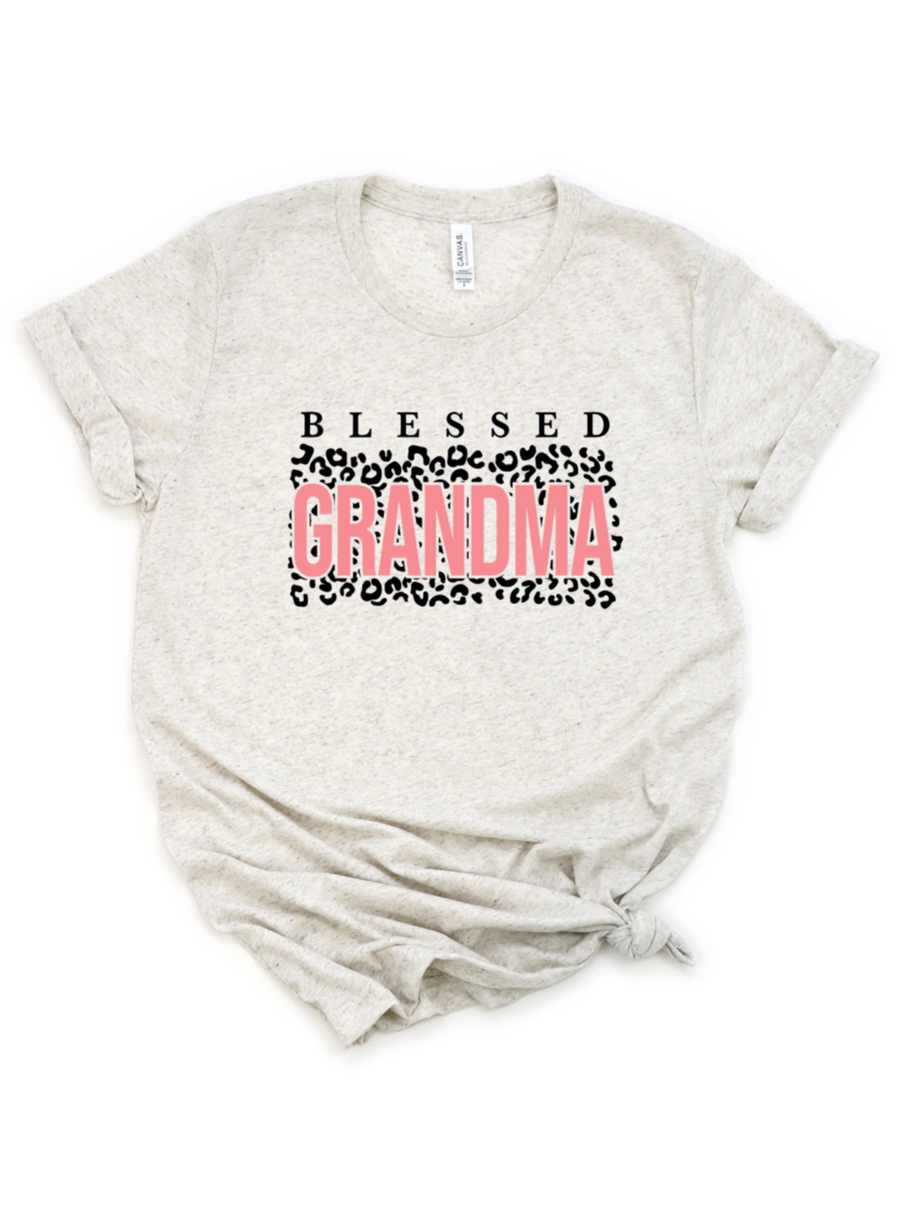 Gray t-shirt featuring "Blessed Grandma" in bold pink and black leopard print design.