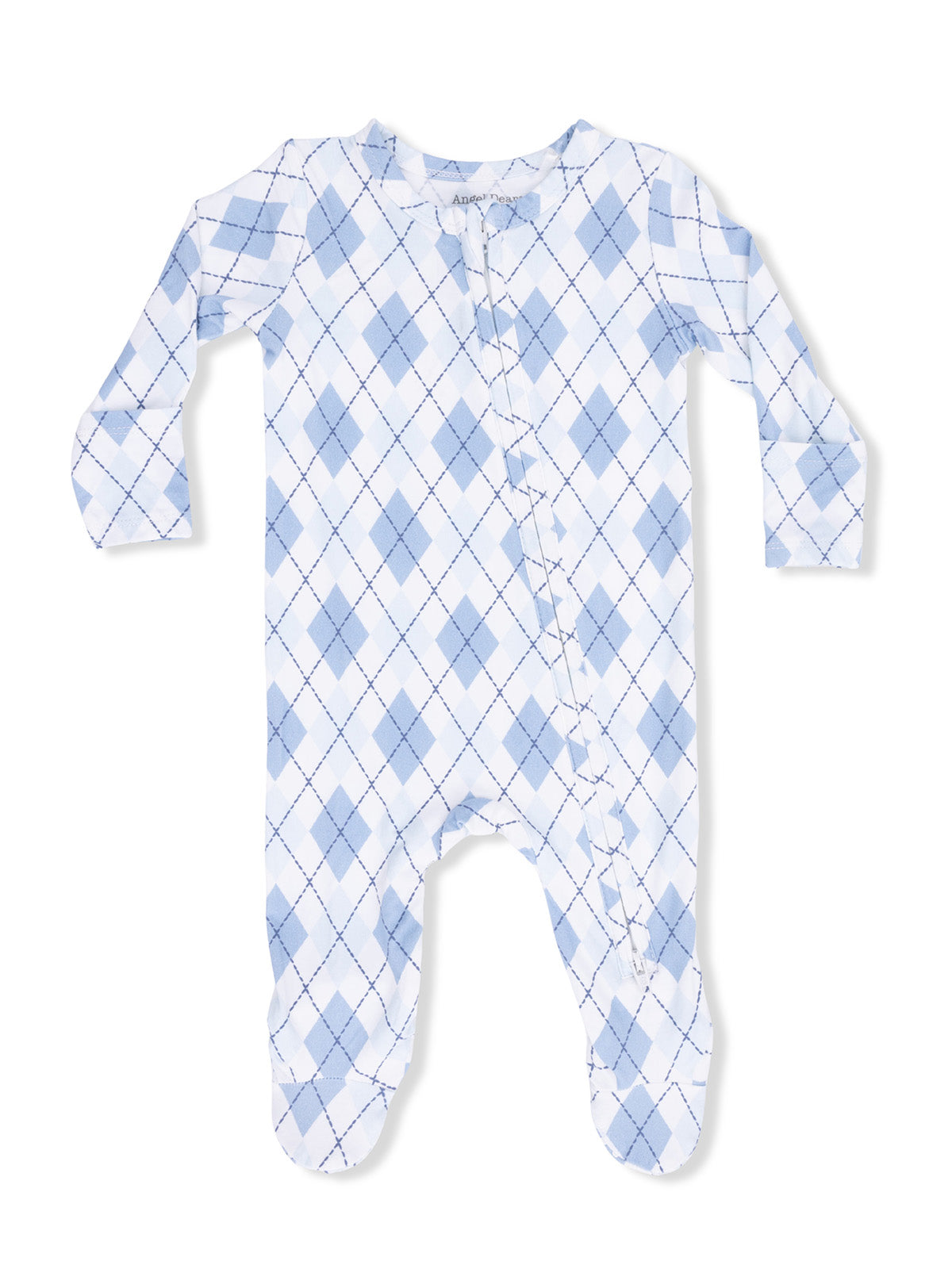 Light blue baby onesie with diamond pattern and button closure. Perfect for comfort and style.