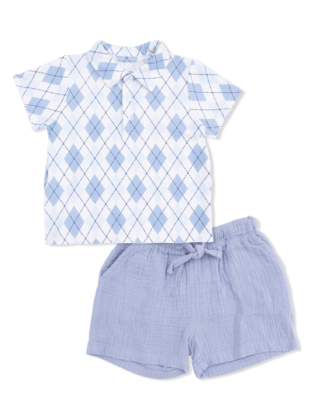 Light blue argyle shirt with matching shorts, ideal for casual summer wear.