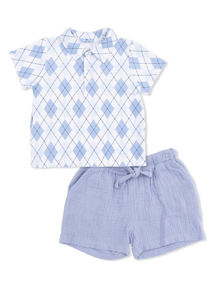 Light blue argyle shirt with matching shorts, ideal for casual summer wear.