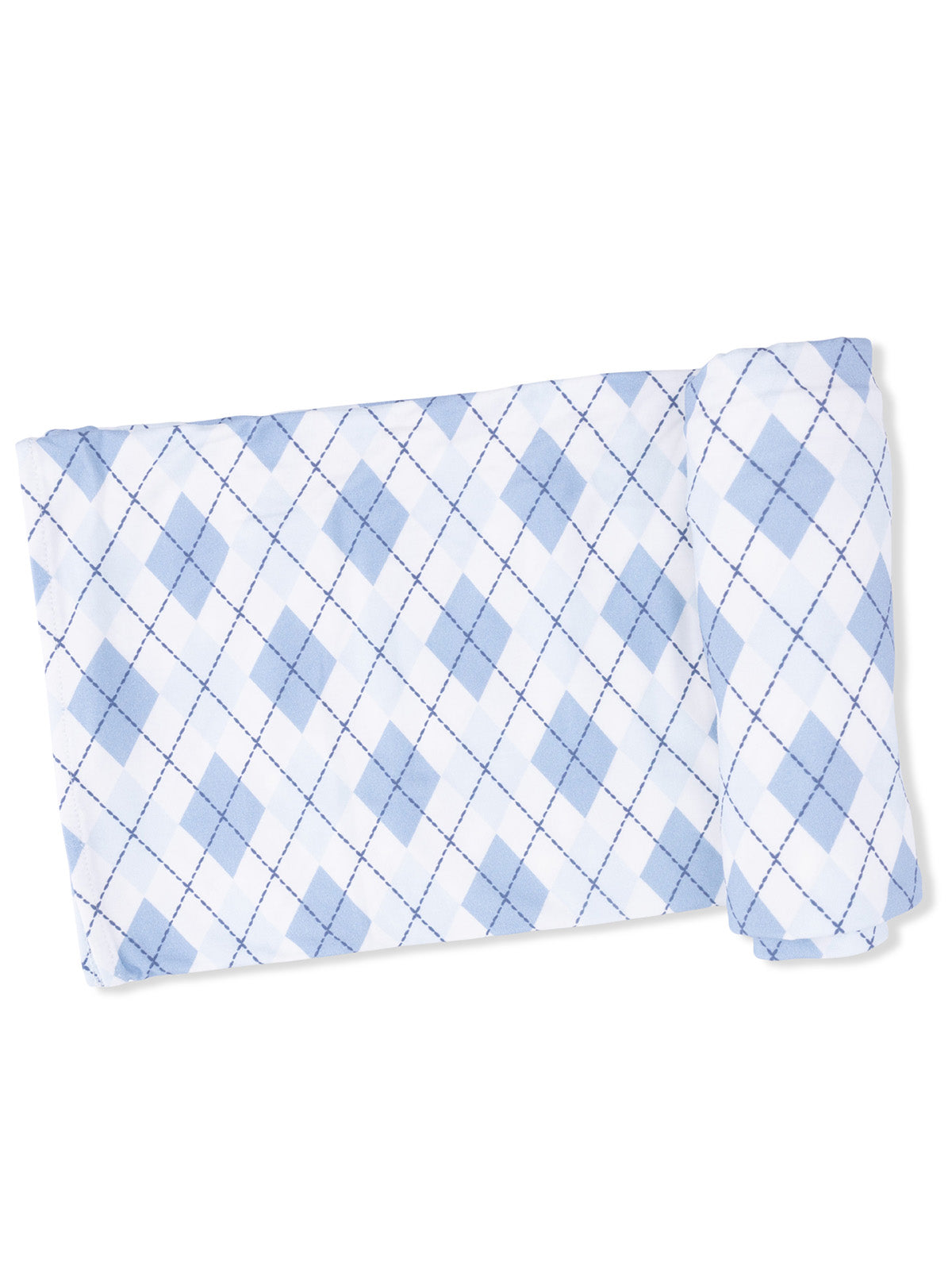 Blue argyle patterned fabric folded on a white background, showcasing a soft and stylish design.