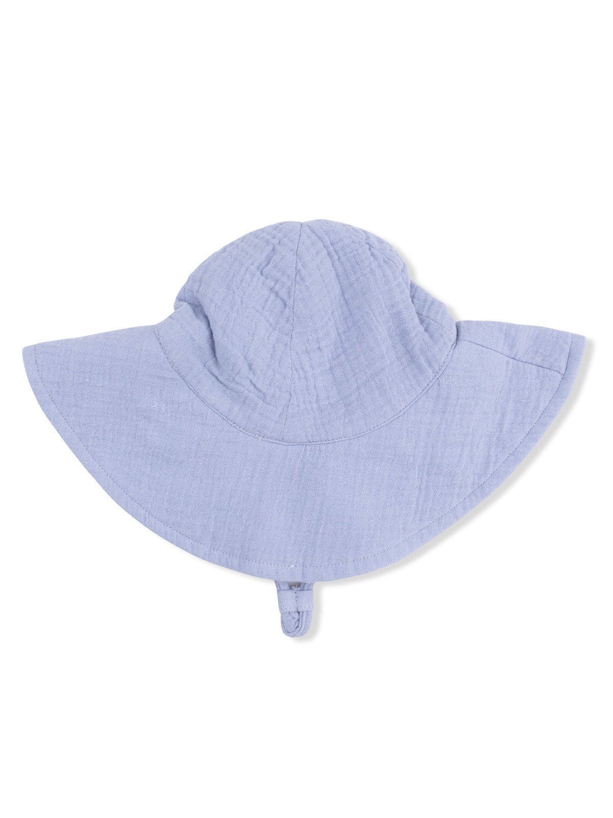Light blue sun hat with a wide brim, shown from the back, featuring a chin strap for secure fit.