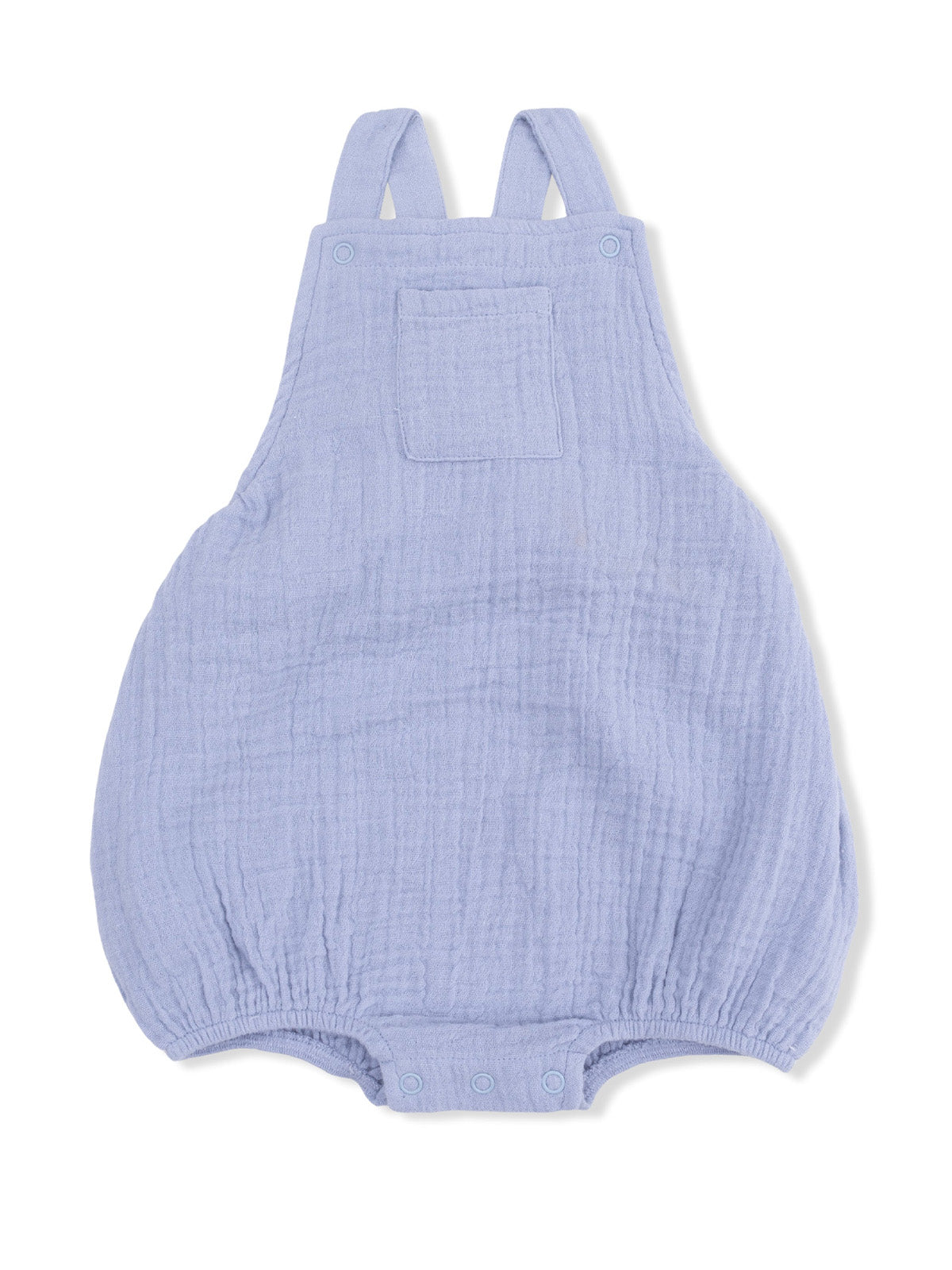 Light blue baby romper with adjustable straps and snap closures at the bottom, designed for comfort and style.