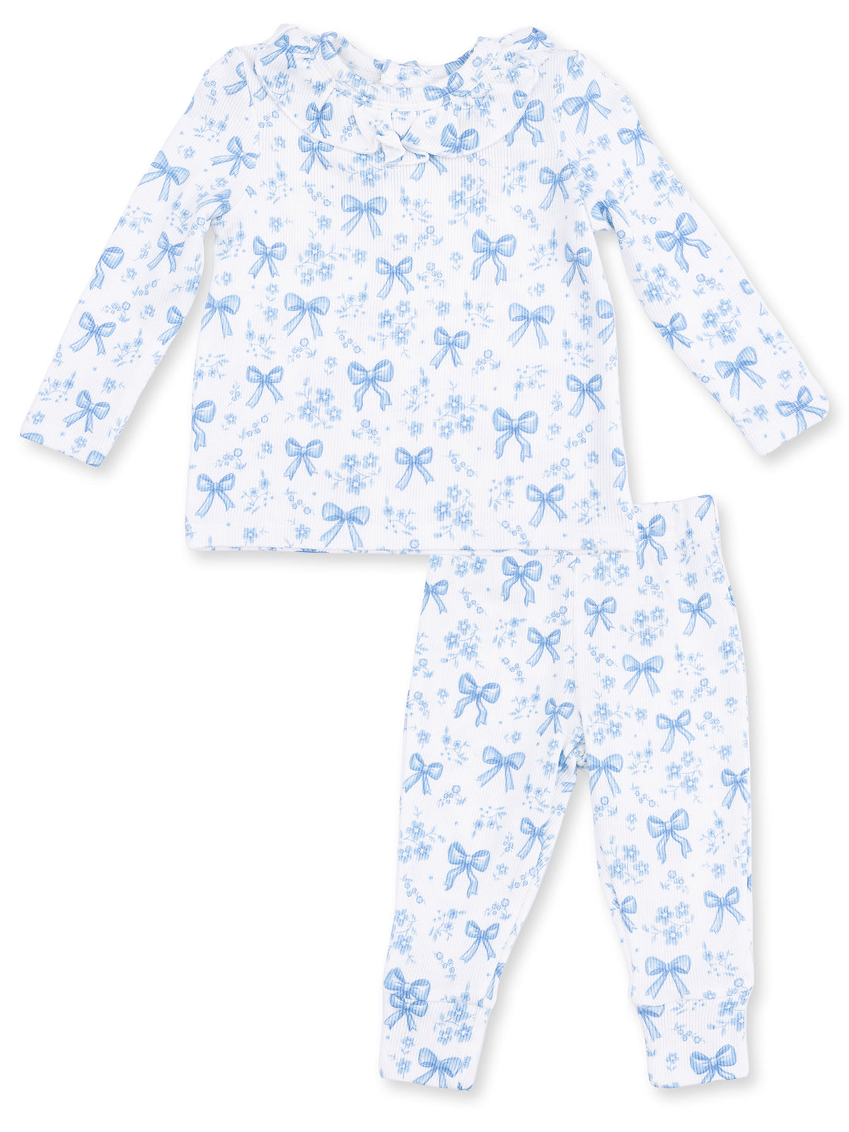 Ribbed Long Sleeve Ruffle Top & Pants, Blue Bows and Flowers