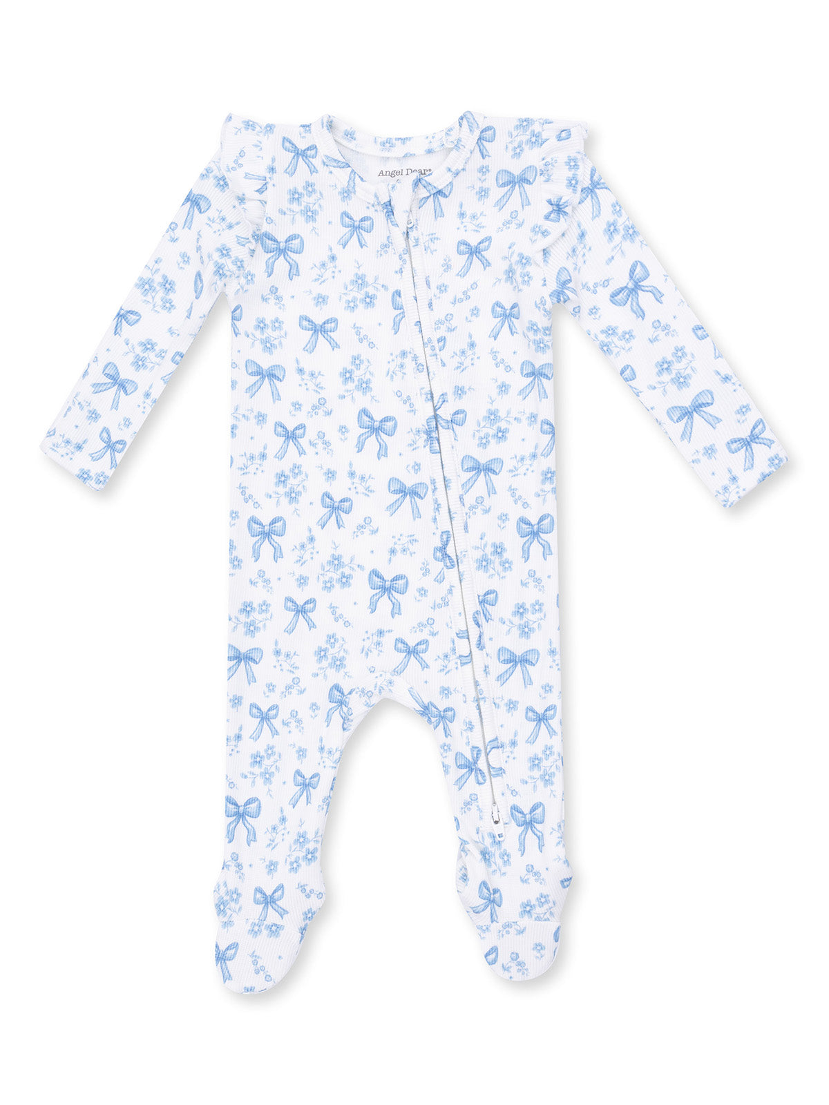 Ribbed Ruffle Sleeve 2-Way Zip Footie, Blue Bows and Flowers